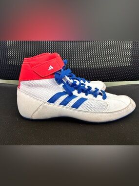 Adidas HVC Boys Kid Wrestling Shoes White w/ Blue Stripes G25909 Pick Size 3